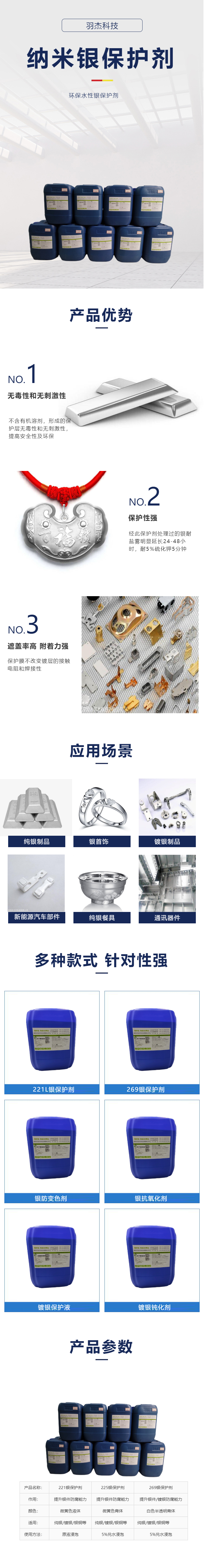 羽杰科技银保护剂是水溶性防止银和银镀层氧化的防变色保护剂，能在金 银表面形成一层极薄的纳米保护膜防止硫化物或其它材料与之发生氧化反应，该 保护膜无毒、无刺激性，是专用于珠宝、饰品电子器件等产品的银防氧化剂、银 抗氧化剂， 镀银防变色。银件经过银保护剂处理后可显著提高耐盐雾效果和防 变色能力，对焊接性能无任何影响，但对接触电阻影响极微。短时间的热处理 300 分钟以下对保护层的性能影响不大，稳定性高，完全满足替代进口同类产品